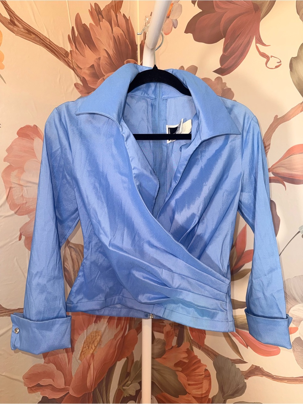 TADASHI Shoji Vintage 90s Light Blue Wrap-Front Button Down Blouse - Size 8